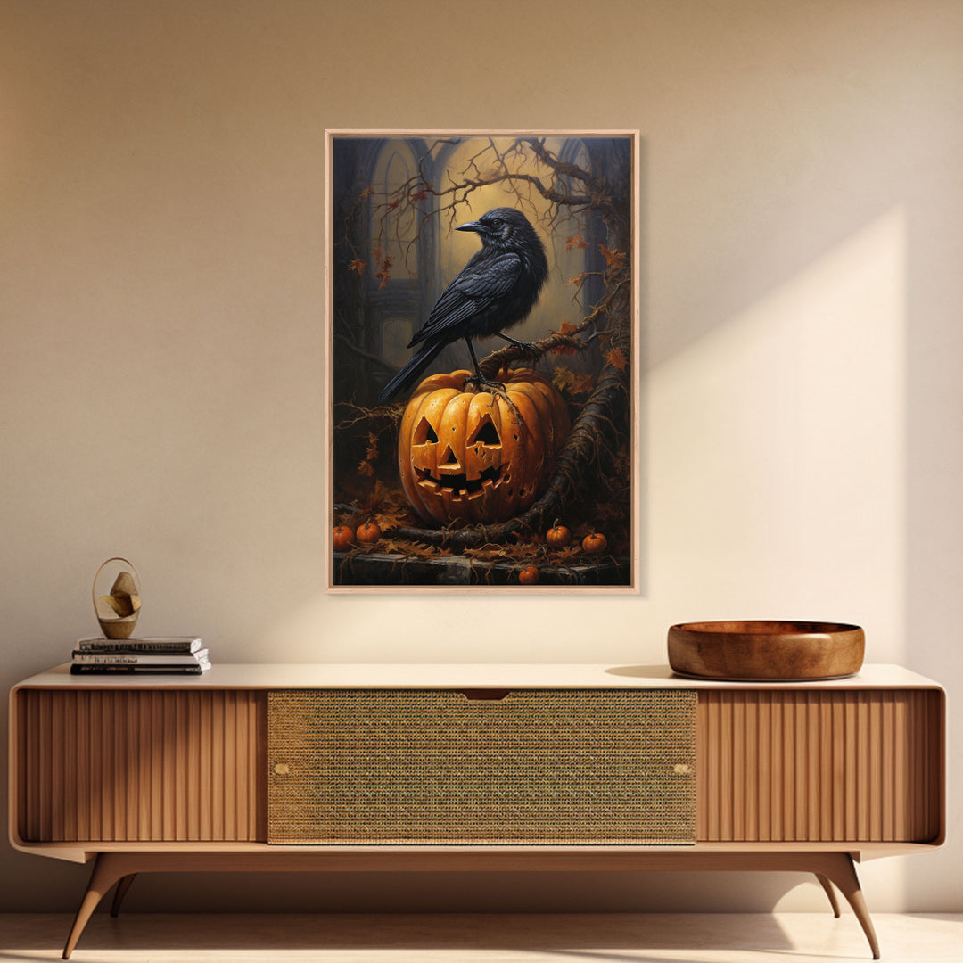 Raven Atop A Jack O Lantern, Framed Canvas Print, Halloween Decor, Raven Painting, Victorian Oil Painting Print, Macabre Horror, Witch Art