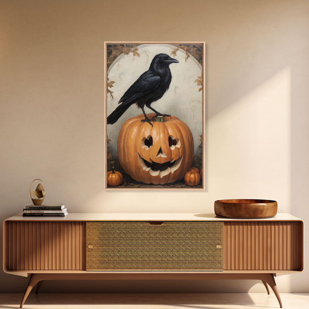 Vintage Halloween Crow Print, Raven On A Jack O Lantern Oil Painting Framed Canvas Print, Retro Halloween Wall Art, Macabre Art