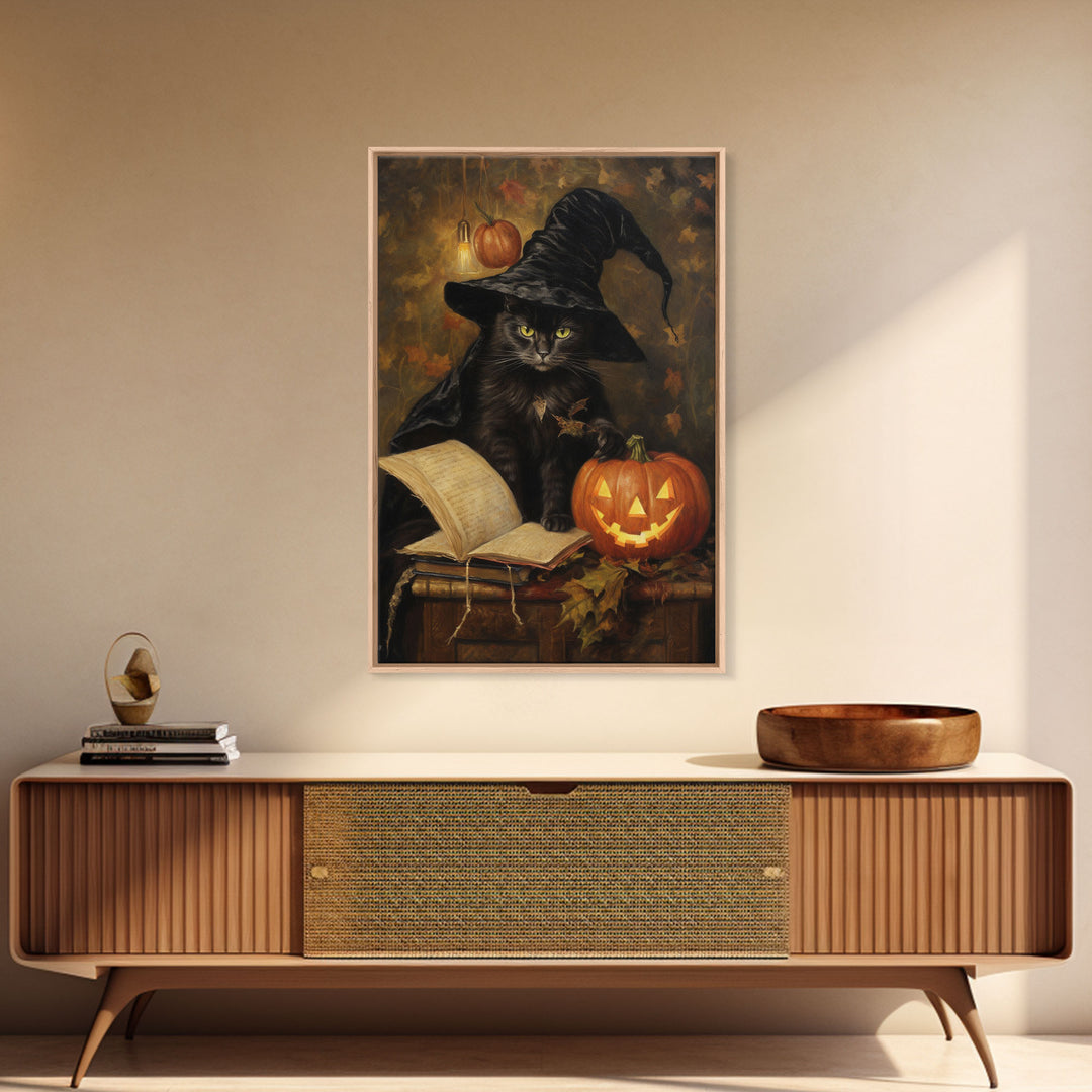 Cute Witch Cat Reading Her Book Of Spells, Vintage Halloween Art, Framed Canvas Print, Halloween Canvas Art, Witchcraft