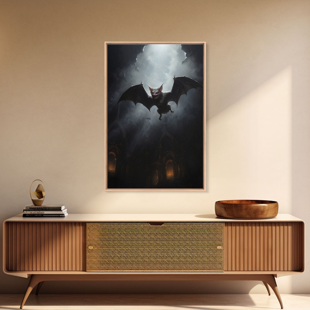 Vampire Bat In The Night, Art Canvas Print, Dark Academia, Halloween Bat Print, Halloween Decor, Monster Print, Macabre Art