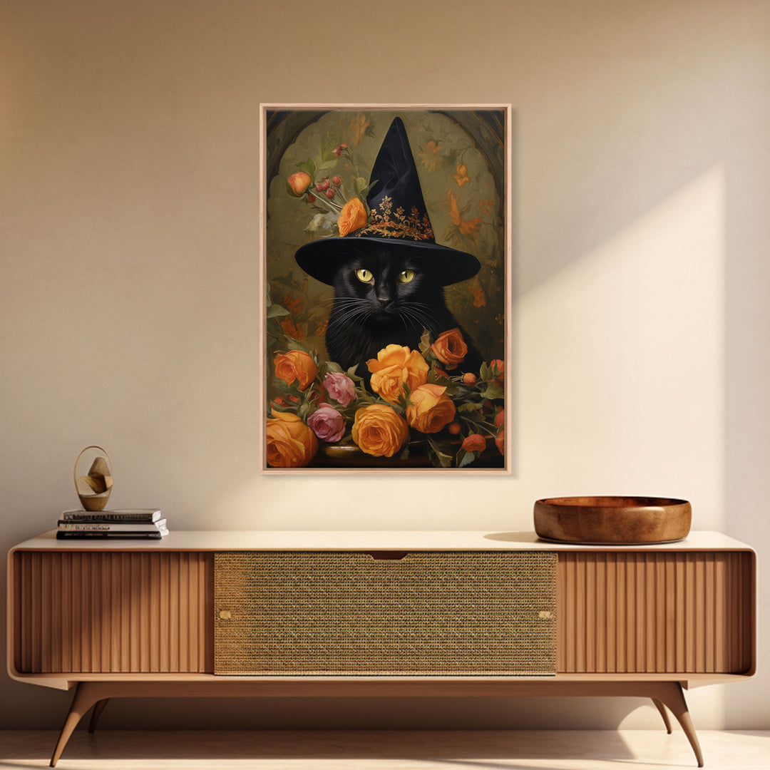 Cute Witch's Familiar Cat Halloween Art, Cat Witch, Cat Painting, Cute Cat Print, Halloween Decor, Black Cat Print, Framed Canvas / Canvas