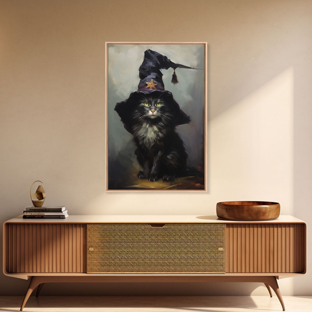 The Wizard Cat, Framed Canvas Print, Dark Academia Halloween Art, Victorian Cat Oil Painting, Goth Halloween Decor