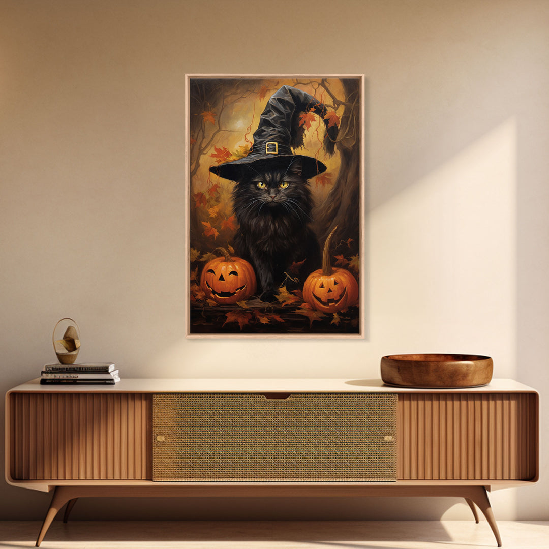 The Witch Cat With Her Jack O Lanterns, Framed Canvas Print, Dark Academia Halloween Art, Victorian Cat Oil Painting, Goth Halloween Decor