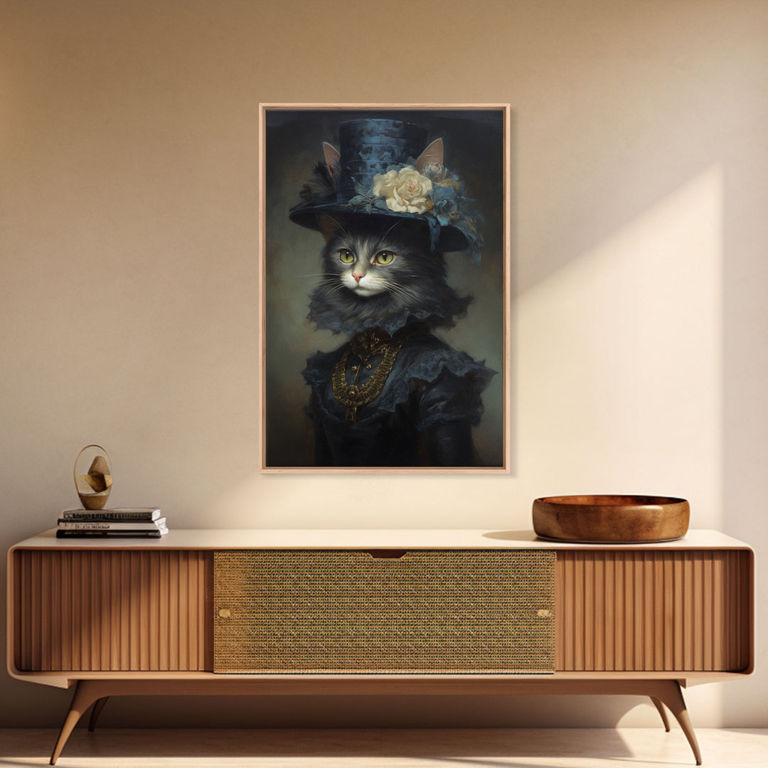 Victorian Cat Portrait, Framed Canvas Print, Oil Painting, Halloween Decor, Cute Halloween Wall Art, Funny Halloween Decor