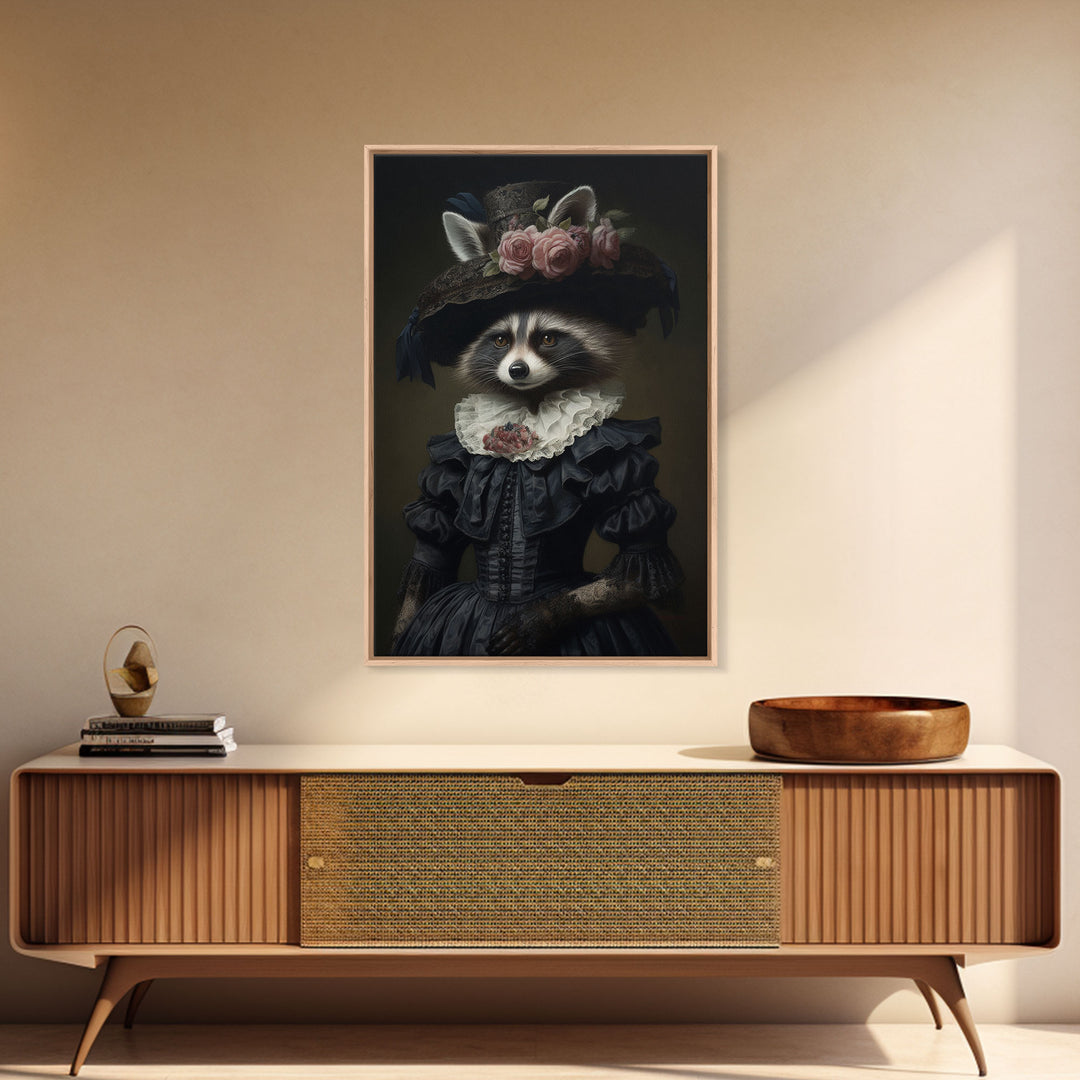 Fancy Victorian Lady Racoon, Framed Canvas Print Or Canvas, Victorian Animal Print Oil Painting, Funny Halloween Decor