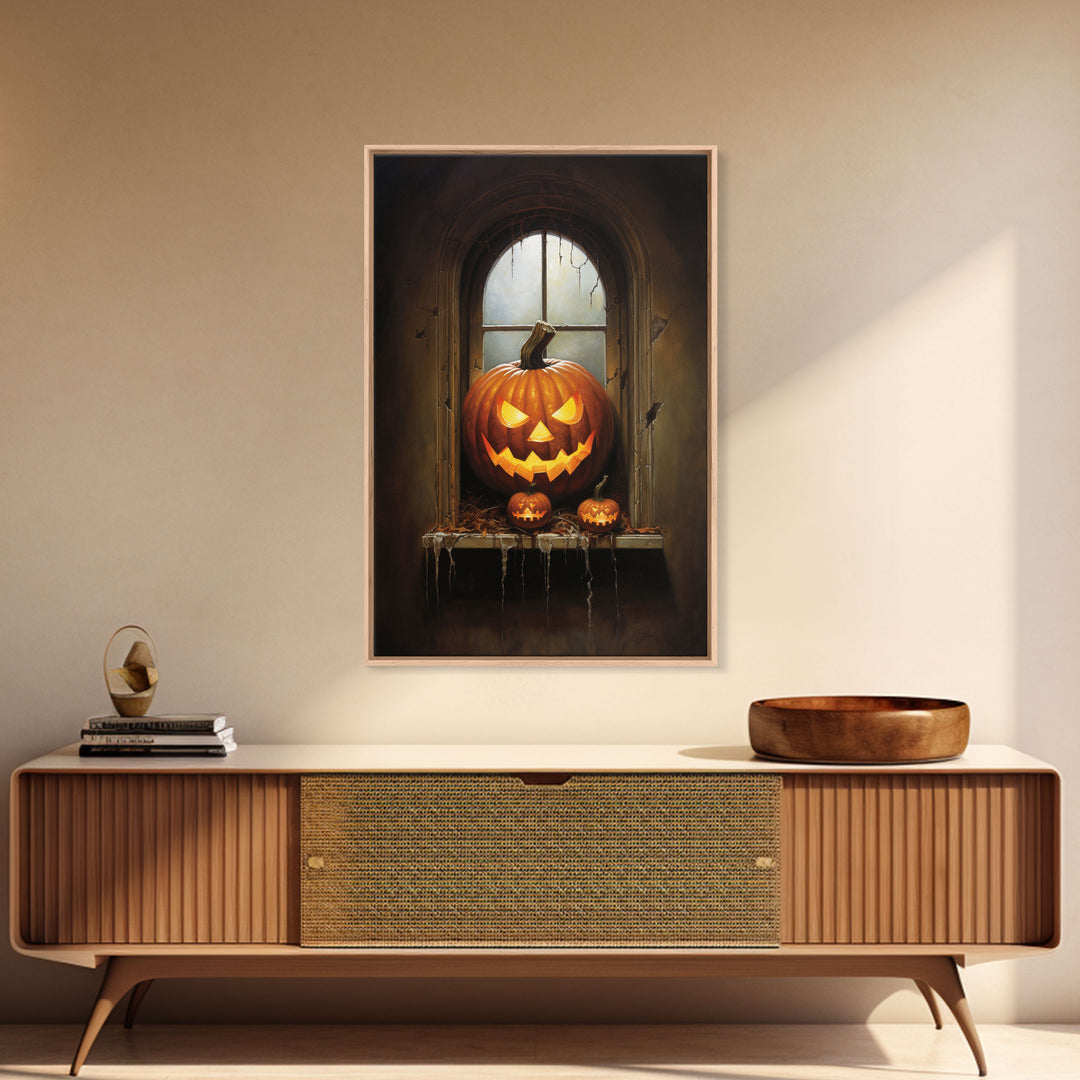 Jack O Lantern In The Window, Trick or Treat, Halloween Print, Art Canvas Print, Halloween Decor, Halloween Art, Spooky Halloween Decoration