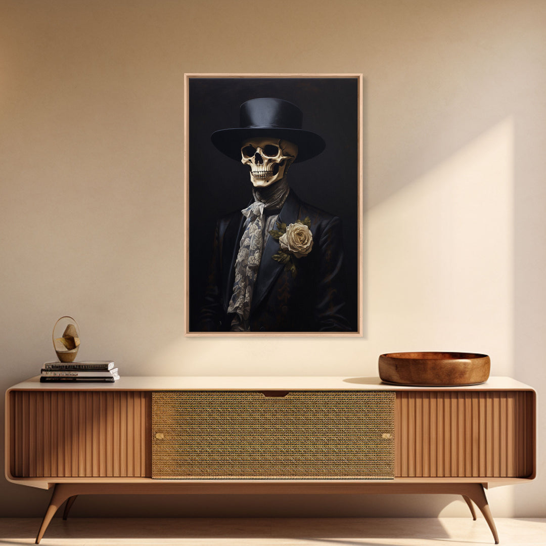 The Dapper Skeleton, Spooky Halloween Wall Art, Canvas Print, Framed Halloween Canvas Print, Dark Academia, Goth Art