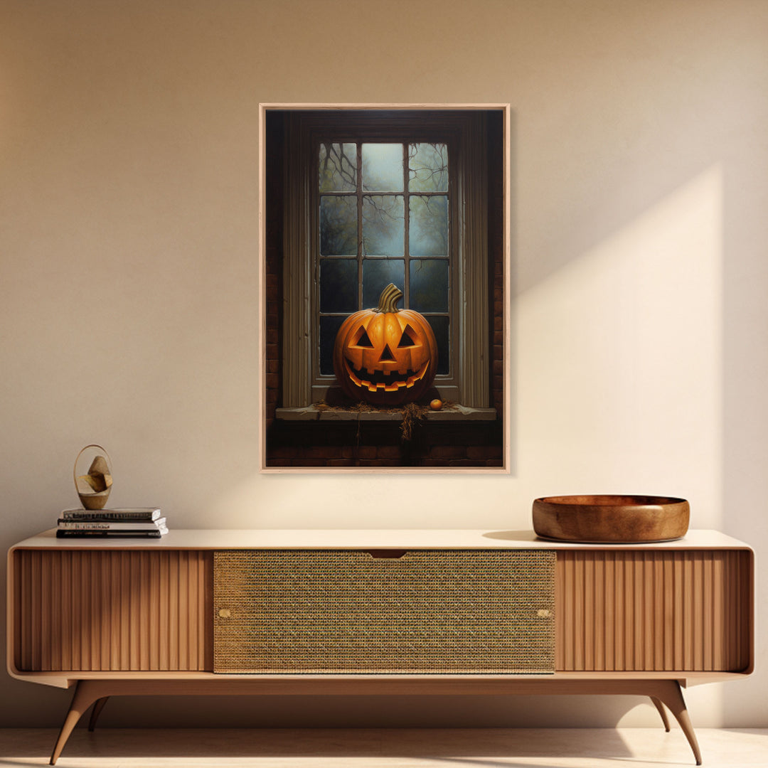 Spooky Jack O' Lantern In A Window Sill, Framed Canvas Print, Halloween Canvas, Halloween Art, Dark Academia, Art Canvas Print