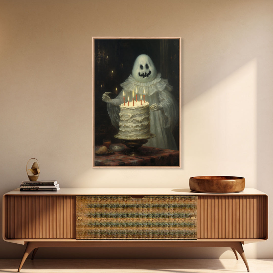 The Ghost And The Cake, Funny Halloween Art, Framed Canvas Print