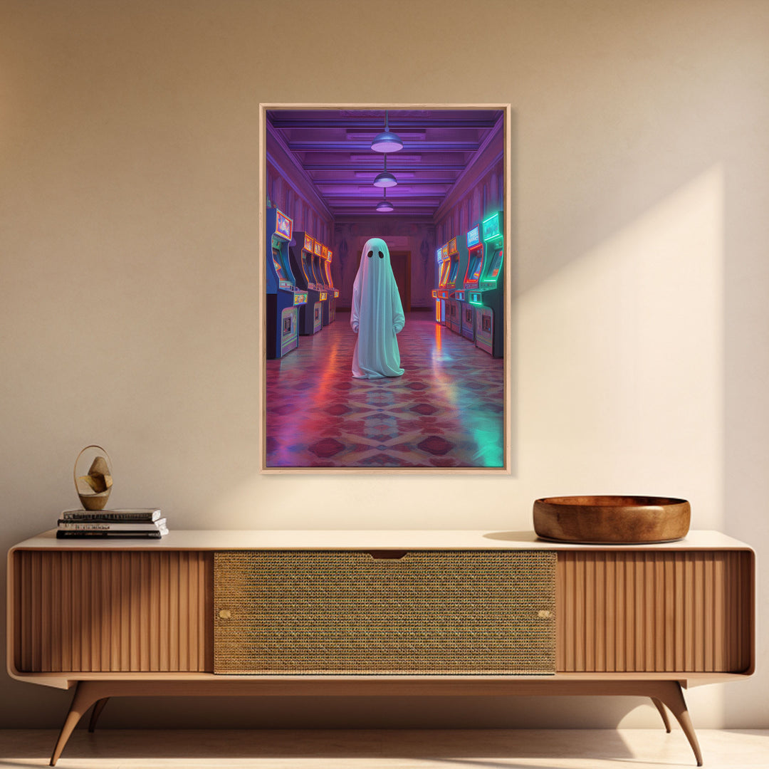 The Phantom Of The Arcade, Framed Canvas Print, Retro Vaporwave Halloween Mashup Art, Halloween Canvas Prints