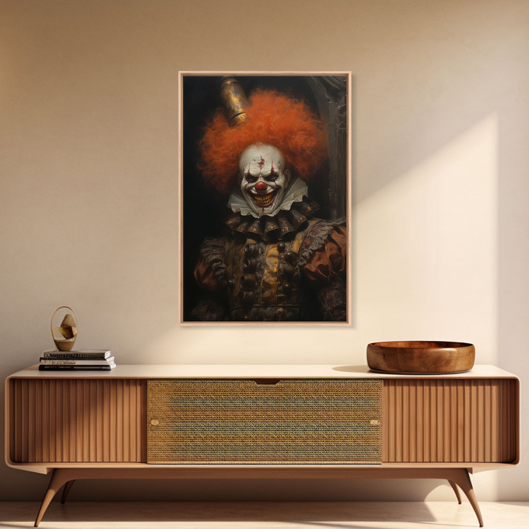 Scary Victorian Clown, Coulrophobia, Framed Canvas Print, Victorian Gothic Halloween Art, Oddities and Curiosities, Halloween Decoration