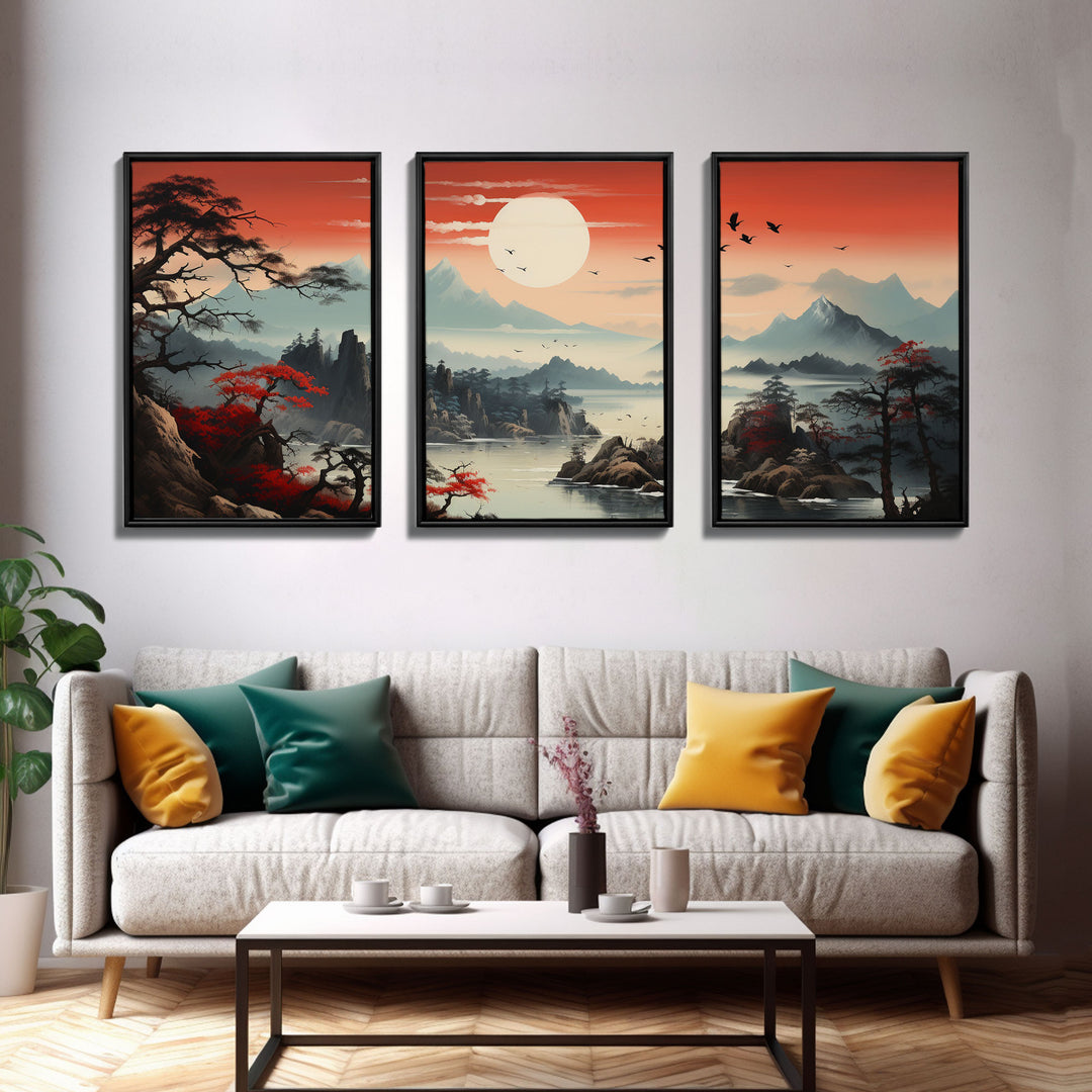 Japanese Wall Art, Mountains Print, Sunset Print, Canvas Print, Wall Art, 3 Piece Wall Art, Unique Wall Decor, Living Room Wall Art