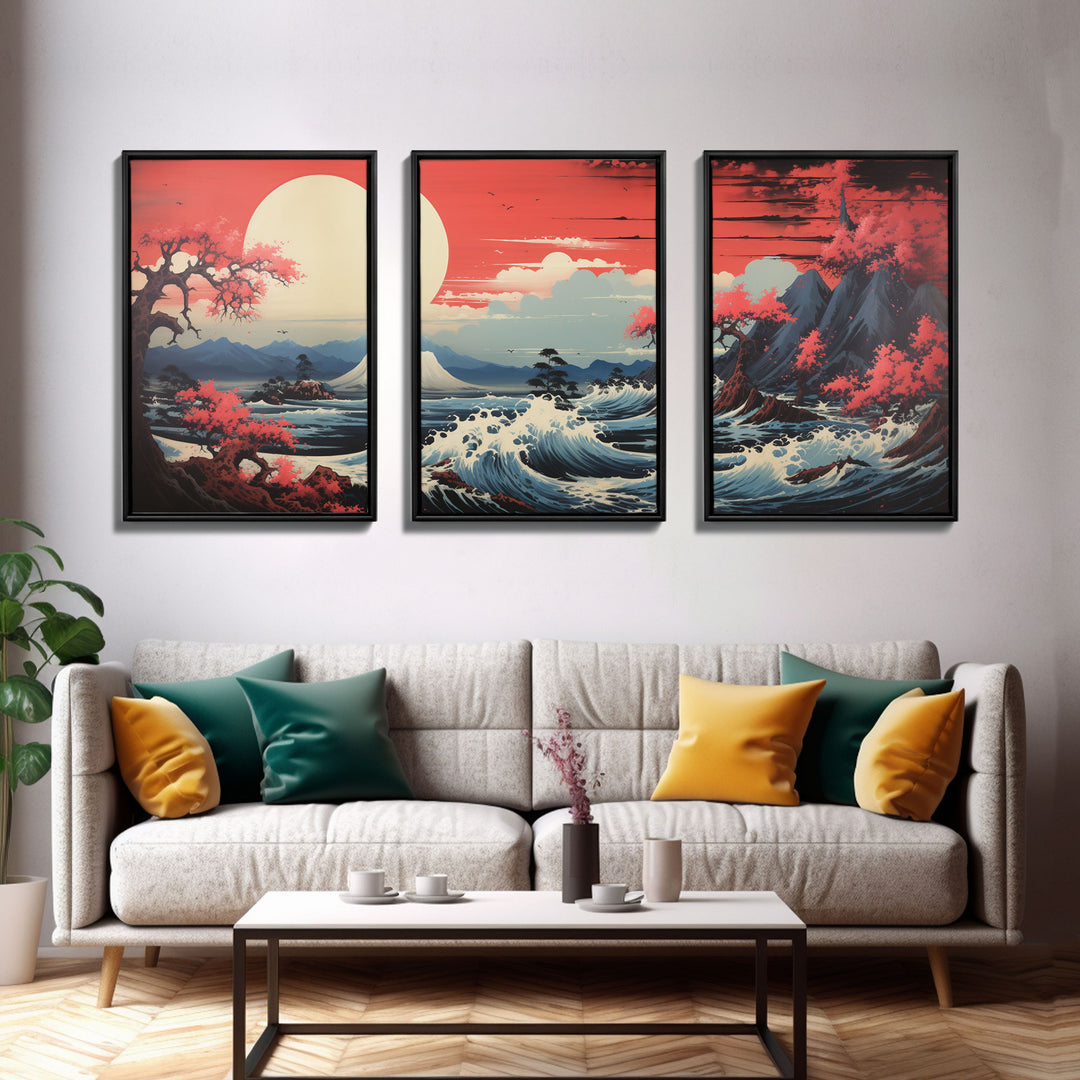 Japanese Ukiyo-e Mountains Sunset Set of 3 Prints, Japanese Ink Block, Ukiyo-e Wall Art, Living Room Art, Above Bed Decor, 3 Panel Print Set