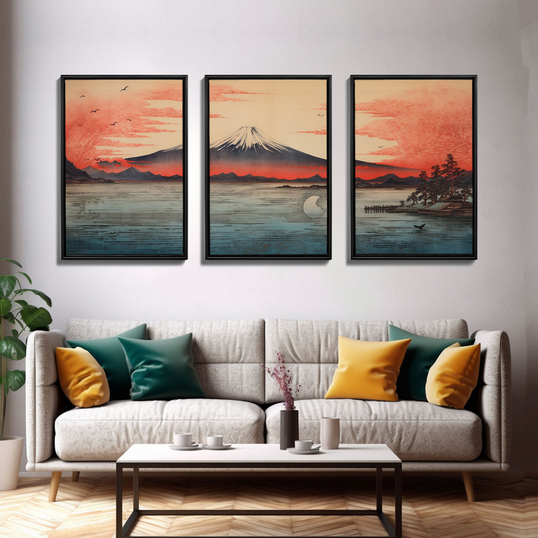 Japanese Ukiyo-e Mountains Sunset Set of 3 Prints, Japanese Ink Block, Ukiyo-e Wall Art, Living Room Art, Above Bed Decor, 3 Panel Print Set