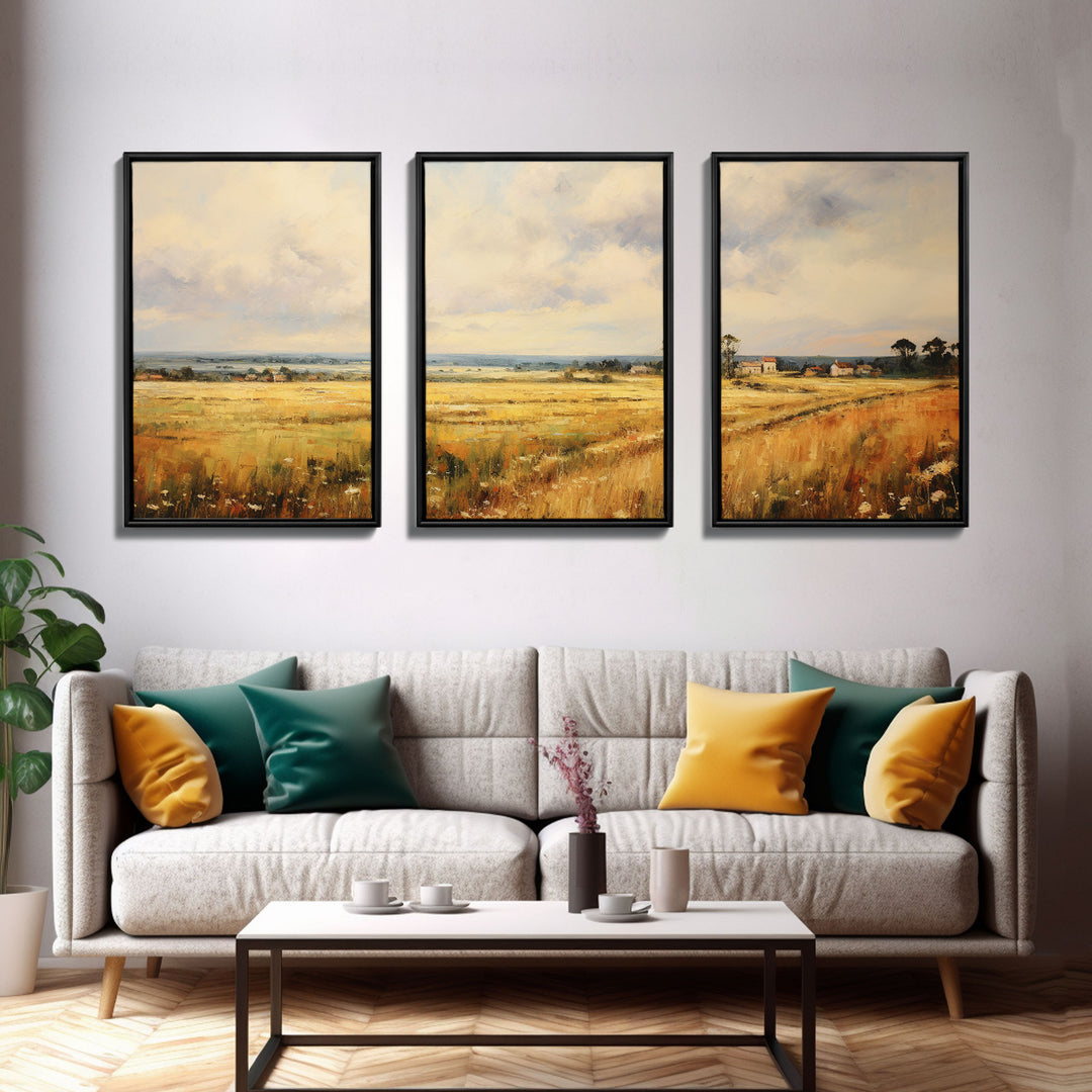 Wheat Field Art Print, Landscape Wall Art, Countryside Art, Canvas Print, Wall Art, 3 Piece Wall Art, Boys Bedroom Decor, Country Wall Art