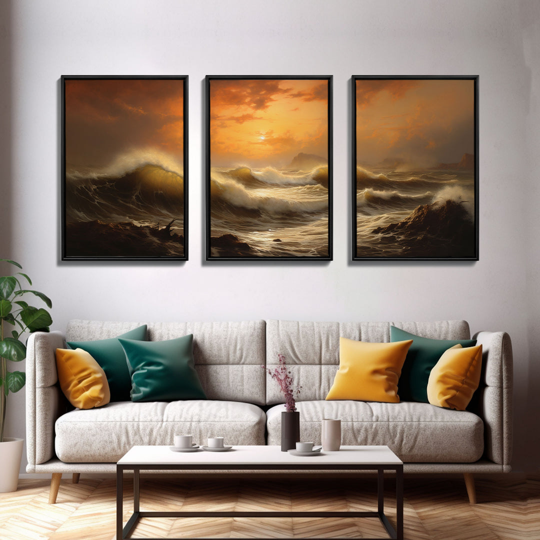 Beneath The Roaring Sea, Seascape Painting, 3 Piece Set, Framed Canvas Print, Cool Wall Art, Office Decor, Above Sofa Art