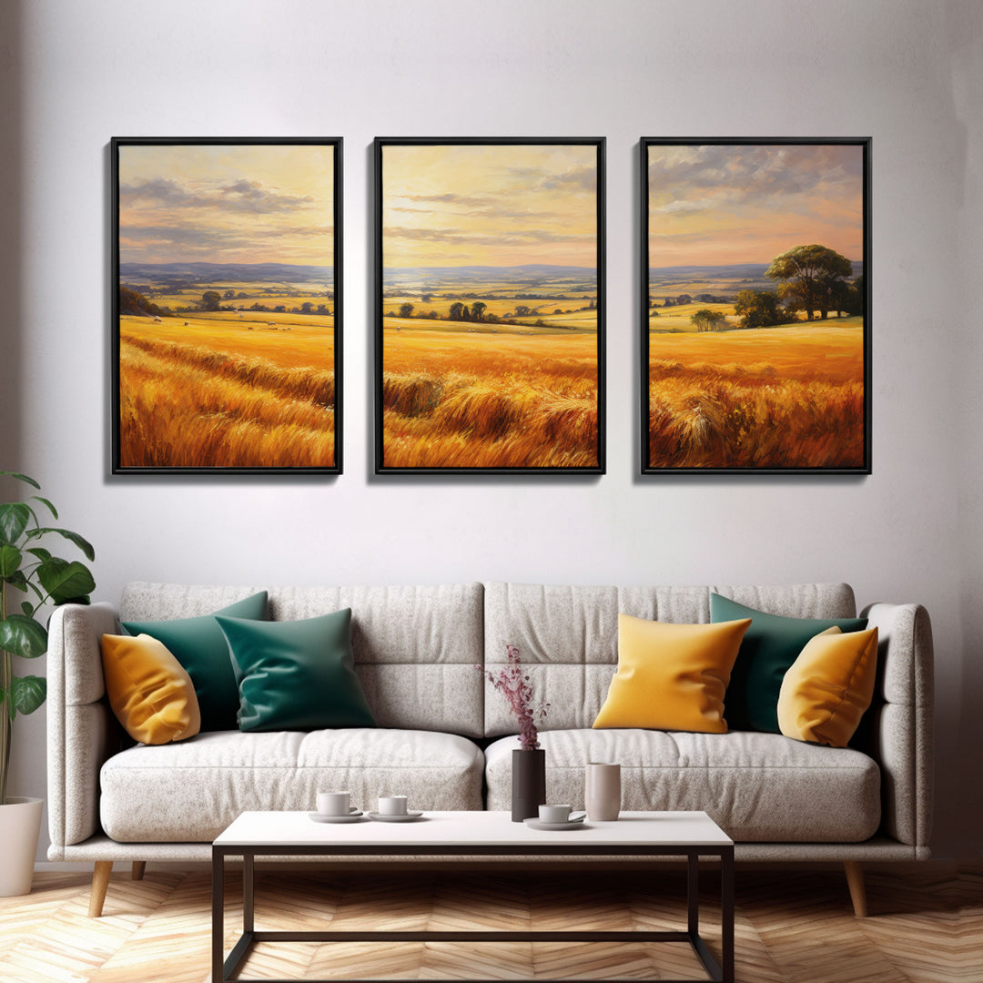 Countryside Wall Art, Wheat Field Art Print, Landscape Wall Art, Countryside Art, Canvas Print, Wall Art, 3 Piece Wall Art, Dorm Room Art