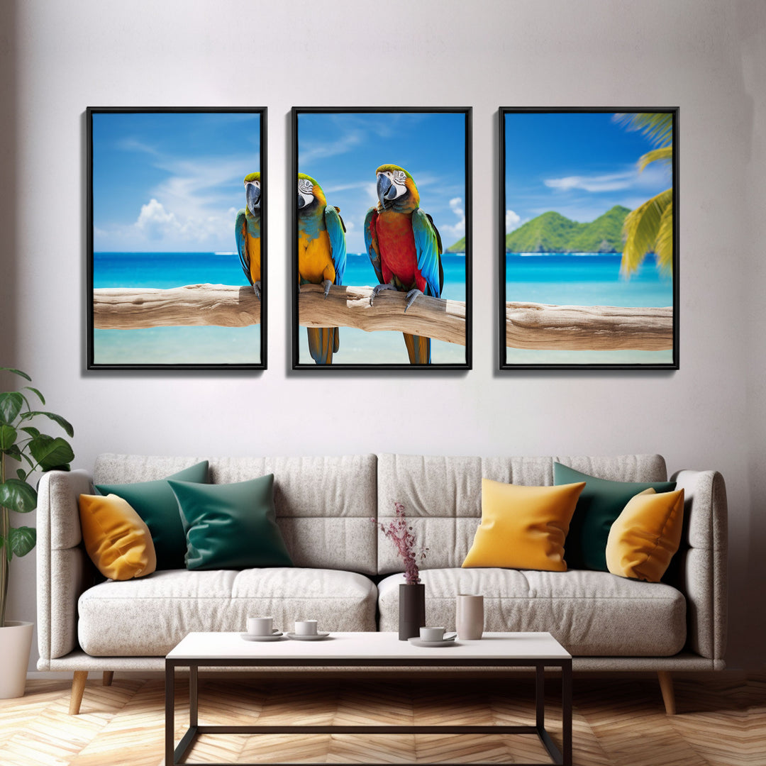 Parrot Wall Art, Tropical Wall Art, Beach Art Print, Seascape Print, Canvas Print, Wall Art, 3 Piece Wall Art, Apartment Wall Decor