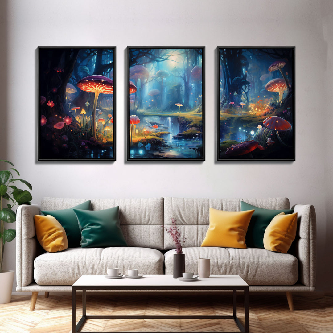 Magical dark forest art print on canvas, fantasy forest, oil style painting, large landscape wall art for home, ready to hang, 3 Piece Art