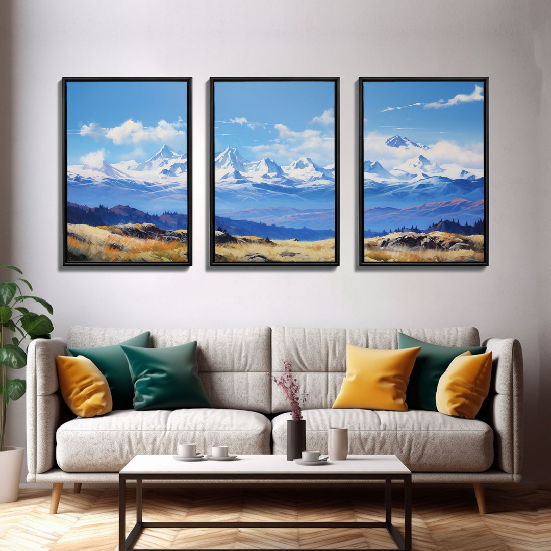 Framed Rocky Mountains 3 Piece Canvas Prints, Rockies Painting, Mountain Landscape Oil Painting, Large Wall Art, Centerpiece Art