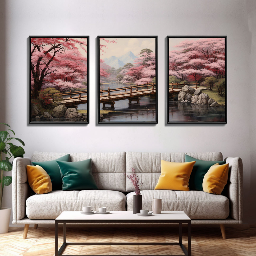 Cherry Blossom Wall Art, Japanese Print, Landscape Wall Art, Canvas Print, Wall Art, 3 Piece Wall Art, Farmhouse Wall Decor, Above Bed Art