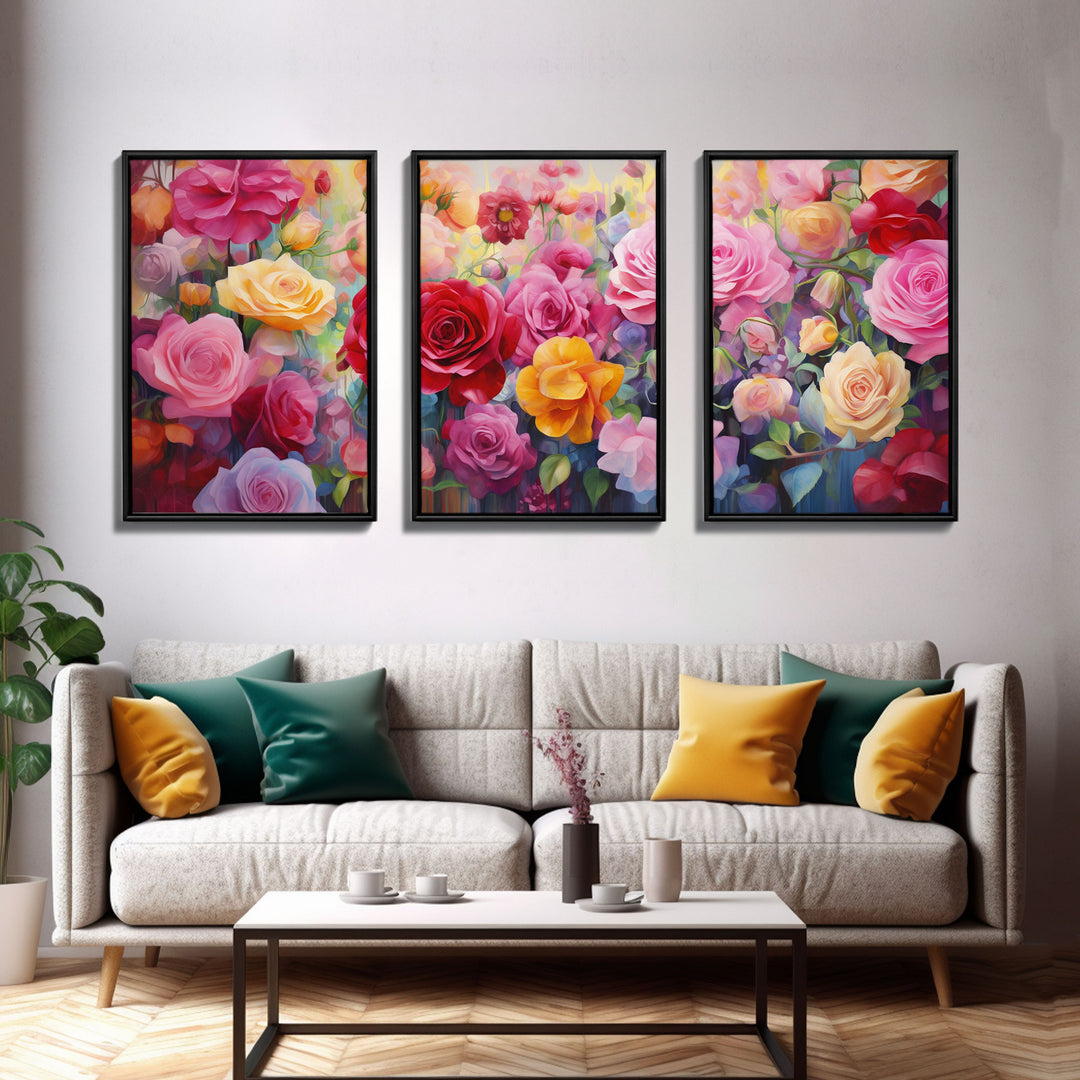 Beautiful Rose Art, Framed Canvas Print, Floral Art, Botanical  Decor, Blue and Yellow Roses, 3 Piece Art Set