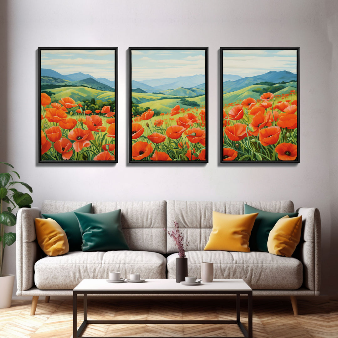 Poppies Wall Art, Meadow Wall Print, Wildflower Meadow, Canvas Print, Set Of 3 Prints, Wall Art, 3 Piece Wall Art, Southern Decor, RV Decor