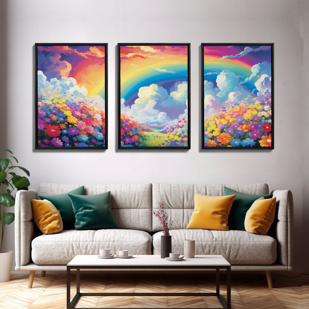 Rainbow Wall Art, Floral Print, Meadow Art , Canvas Print, Set Of 3 Prints, Wall Art, 3 Piece Wall Art, Nursery Print, Kids Wall Art