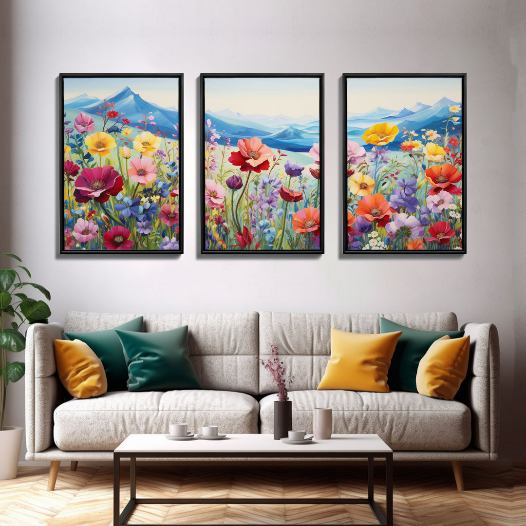 Wildflower Meadow, Wildflower Wall Art, Floral Print, Canvas Print, Set Of 3 Prints, Wall Art, 3 Piece Wall Art, Country Home Decor