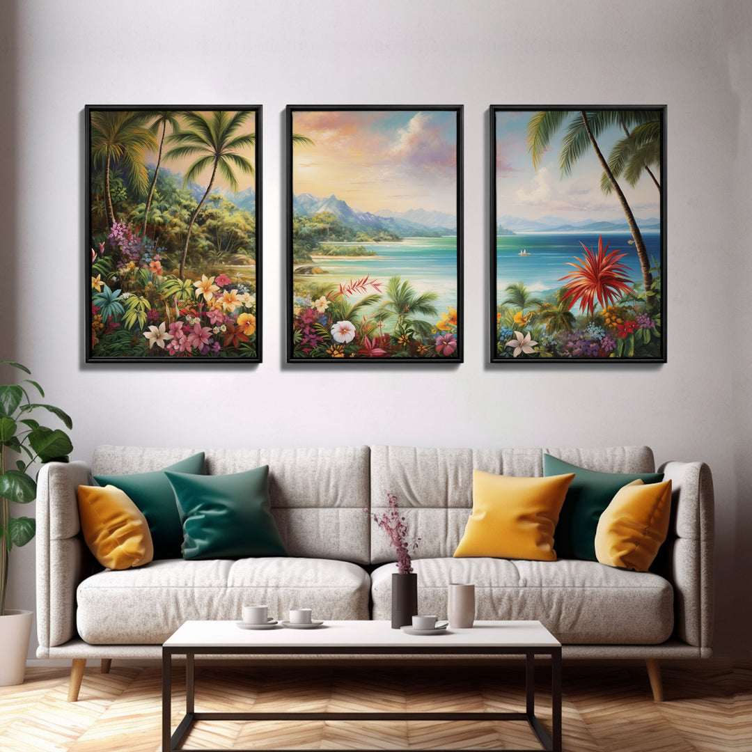 Tropical Wall Art, Beach Print, Palm Tree Wall Art, Canvas Print, Set Of 3 Prints, Wall Art, 3 Piece Wall Art, Seascape, Hawaii Wall Art