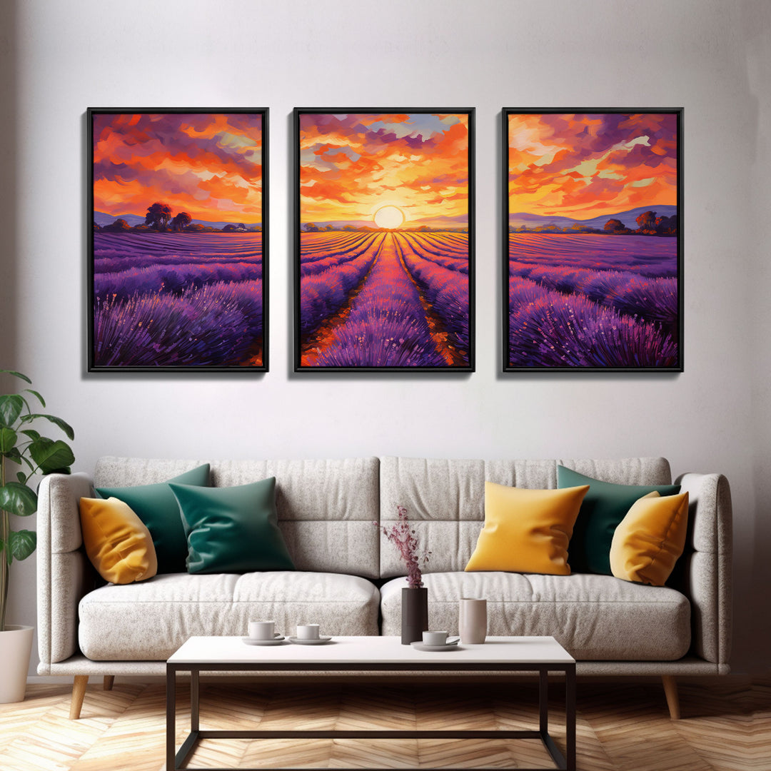 Purple Lavender Fields, 3 Piece Wall Art, Framed Canvas Print, Beautiful Original Landscape Painting, Sunset Painting, Farmhouse Decor