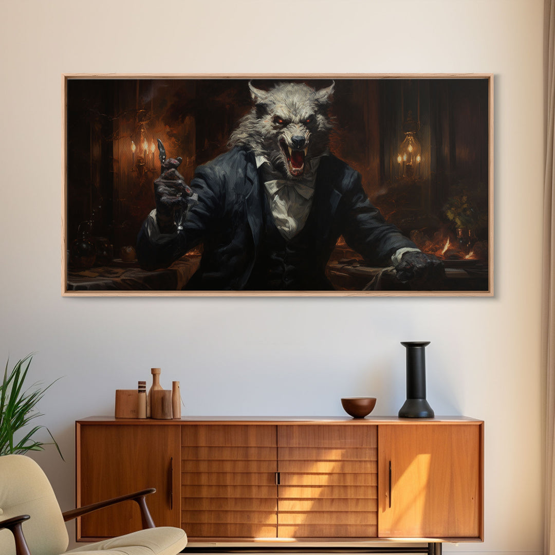 The Victorian Gentleman Werewolf, Halloween Art Print, Framed Canvas Art, Halloween Poster Print, Victorian Dark Academia Oil Painting