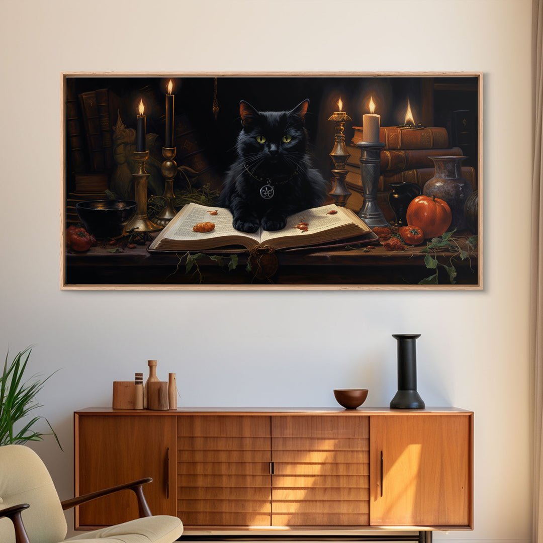 The Witch's Familiar, Black Cat Art, Witch Print, Framed Canvas or Poster, Victorian Oil Painting, Dark Academia, Witchcraft Decor