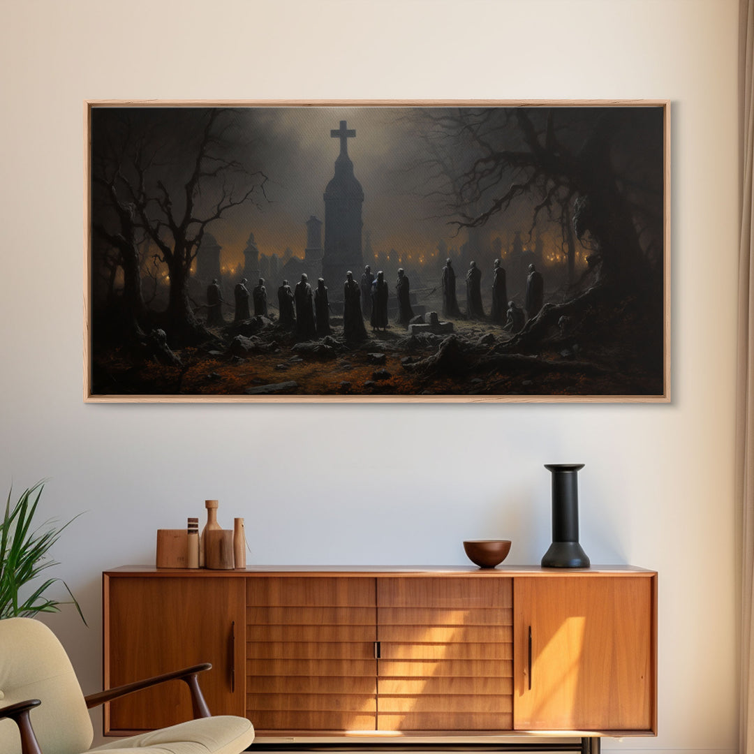 The Haunted Cemetery, Moody and Gloomy Art, Framed Canvas or Poster, Victorian Oil Painting, Dark Academia, Graveyard At Midnight