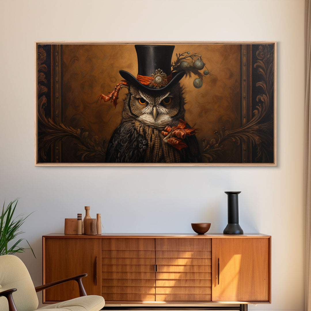 Gothic Victorian Owl Portrait, Framed Canvas Print, Halloween Wall Art, Unique Wall Decor, Owl Painting