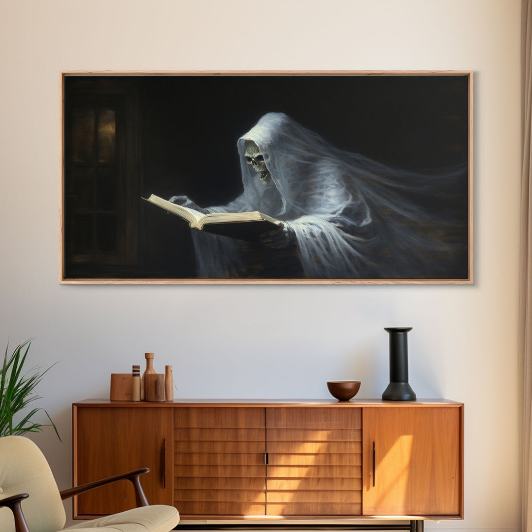 The Reading Ghost, Framed Canvas Print, Victorian Oil Painting Style, Spooky Halloween Decor, Goth Art