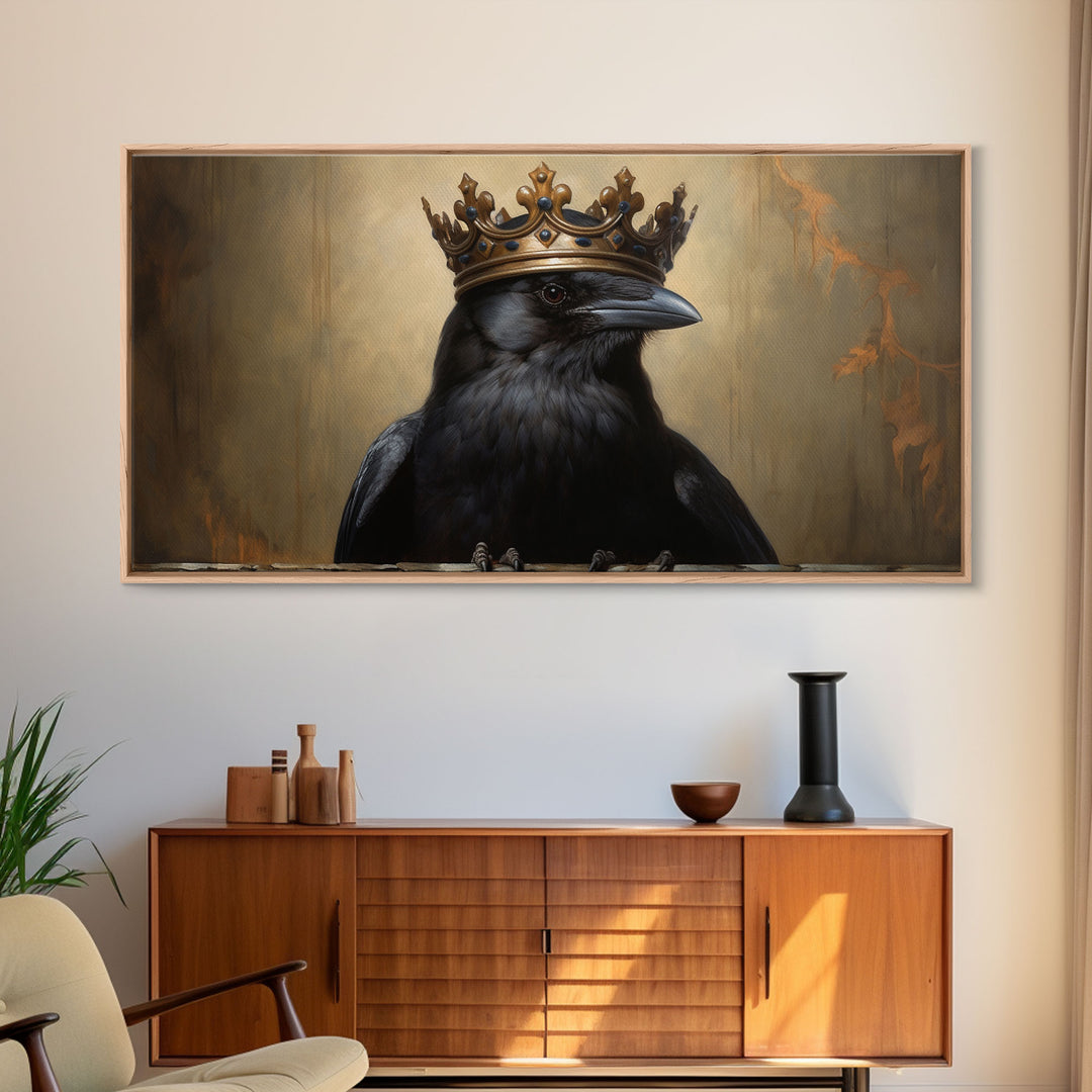 The Raven King, Framed Canvas Print, Cool Halloween Decor, Gothic Crow Art, Victorian Oil Painting, Halloween Art, Goth Decor