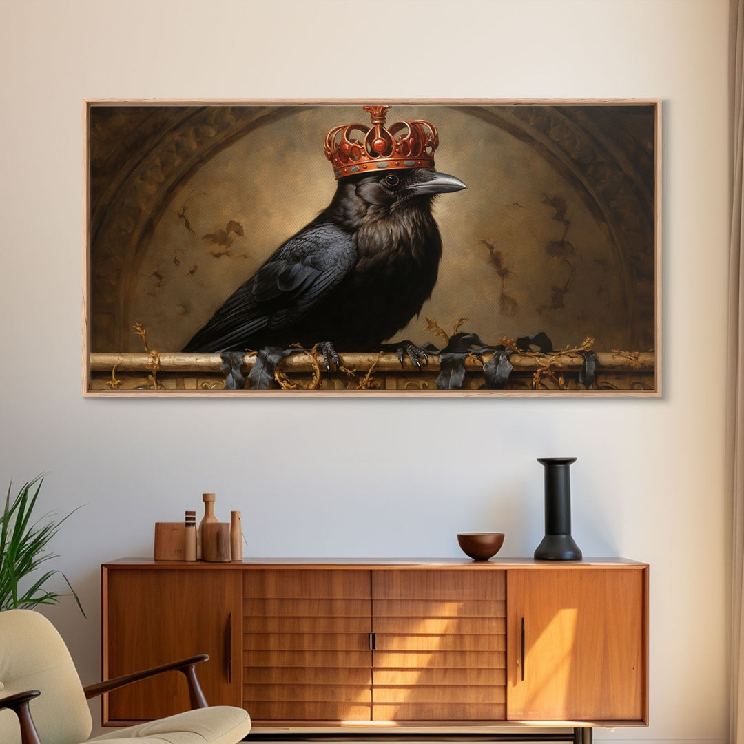 The Crow King, Framed Canvas Print, Cool Halloween Decor, Gothic Raven Art, Victorian Oil Painting, Halloween Art, Goth Decor