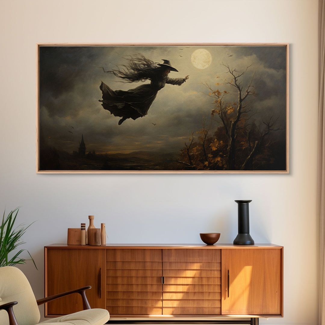 The Flying Witch, Framed Canvas Print, Halloween Wall Art, Horror Prints, Halloween Decoration