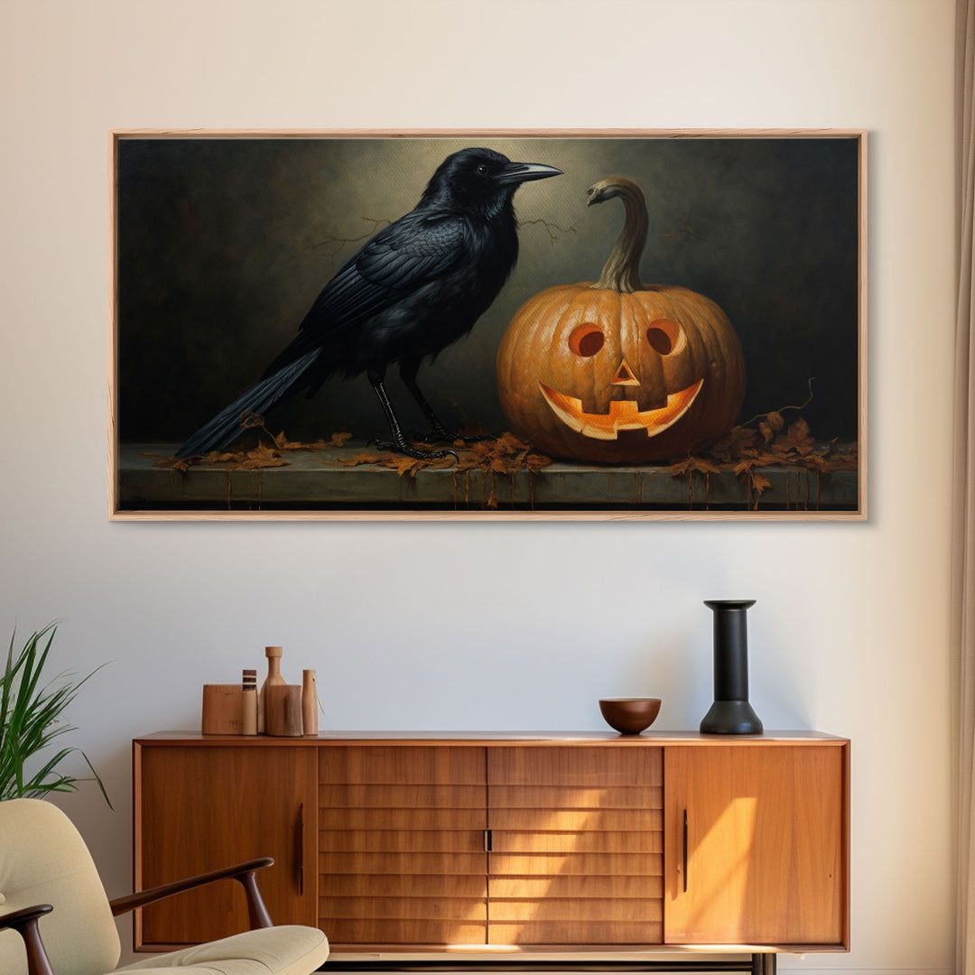 Halloween Decor, Spooky Crow Print, The Raven and The Jack O Lantern, Halloween Wall Art, Victorian Oil Painting, Dark Academia, Goth Art