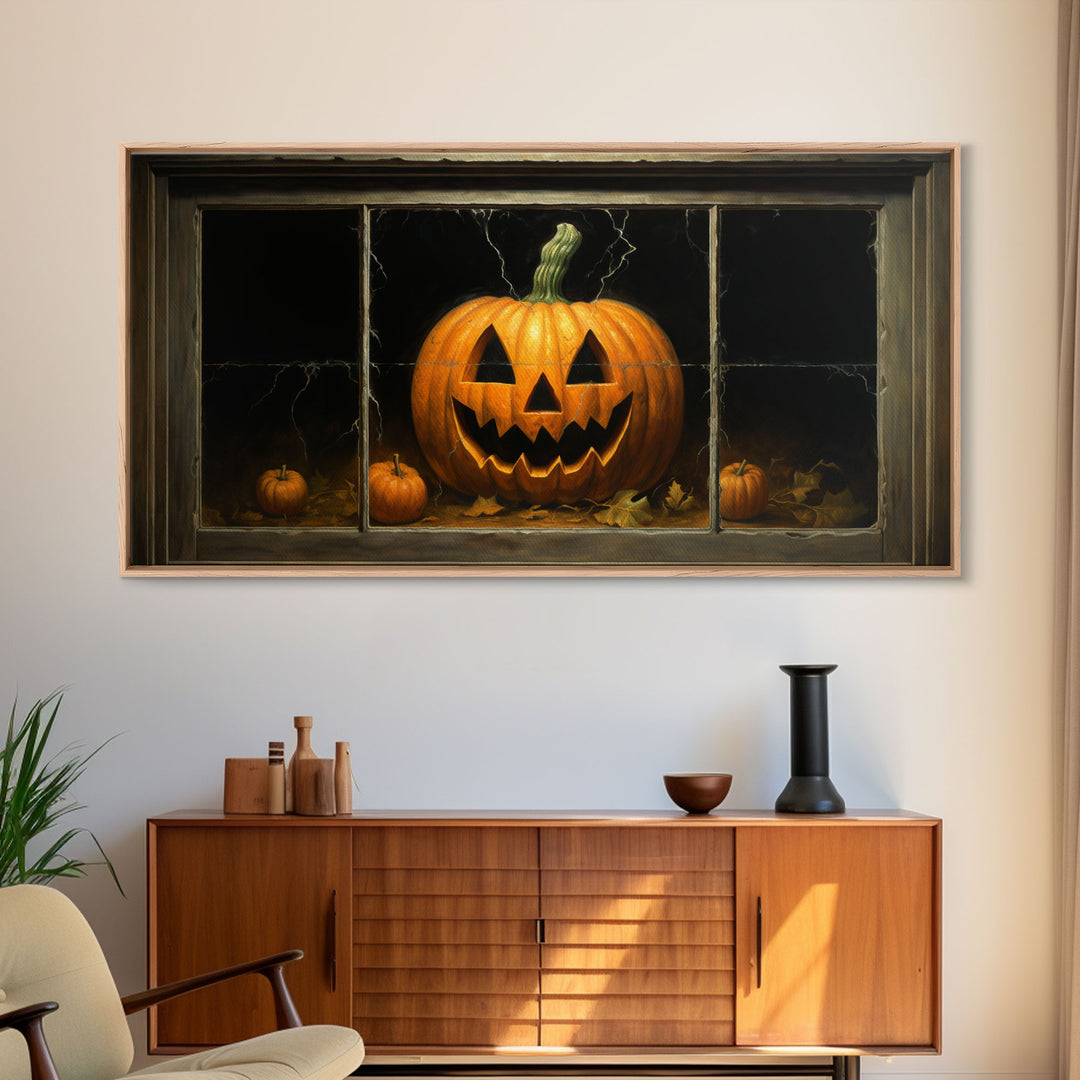 Jack O Lantern Art, Framed Canvas Print, Halloween Decor, Horror Prints, The Jack O Lantern In The Window