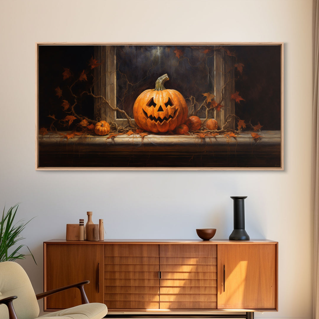 Spooky Art, Halloween Art, Jack O Lantern Art, Framed Canvas Print, Halloween Decor, Horror Prints, The Jack O Lantern In The Window