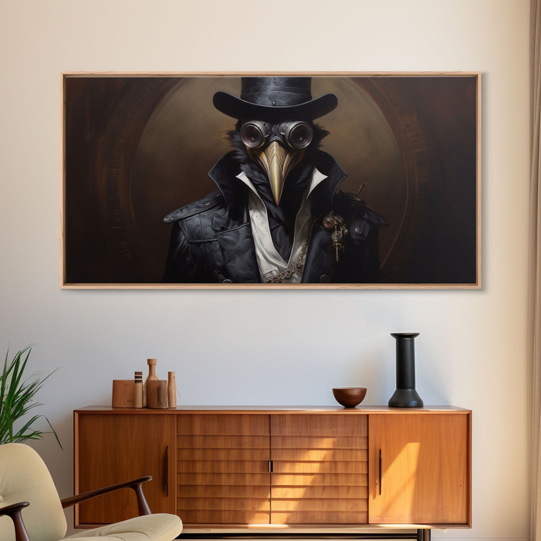 Steampunk Raven Plague Doctor, Dark Decor, Framed Canvas print, Halloween Art Prints, Spooky Victorian Oil Painting Print, Halloween Decor