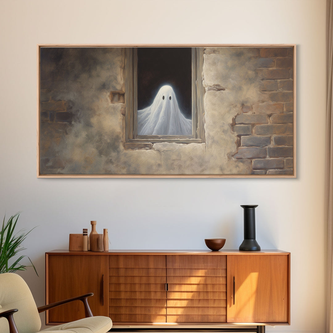 The Ghost In The Window, Funny Halloween Art, Ghost Print, Framed Canvas Art