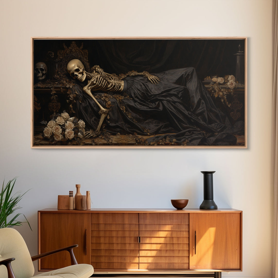 Eternal Slumber, Framed Canvas Print, Creepy Victorian Oil Painting, Halloween Art Prints, The Sleeping Skeleton Painting