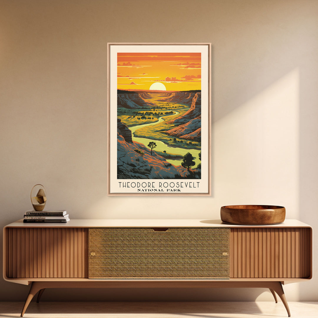 Theodore Roosevelt National Park Travel Art, National Park Print, Minimalist Travel Art, Midcentury Modern Style Landscape Painting