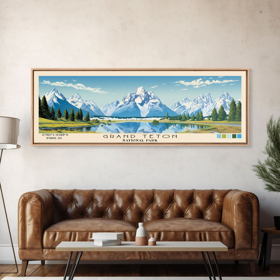 Grand Teton National Park Panoramic Wyoming Travel Art, National Park Print, Minimalist Travel Art, Subdued Watercolor Painting Panoramic