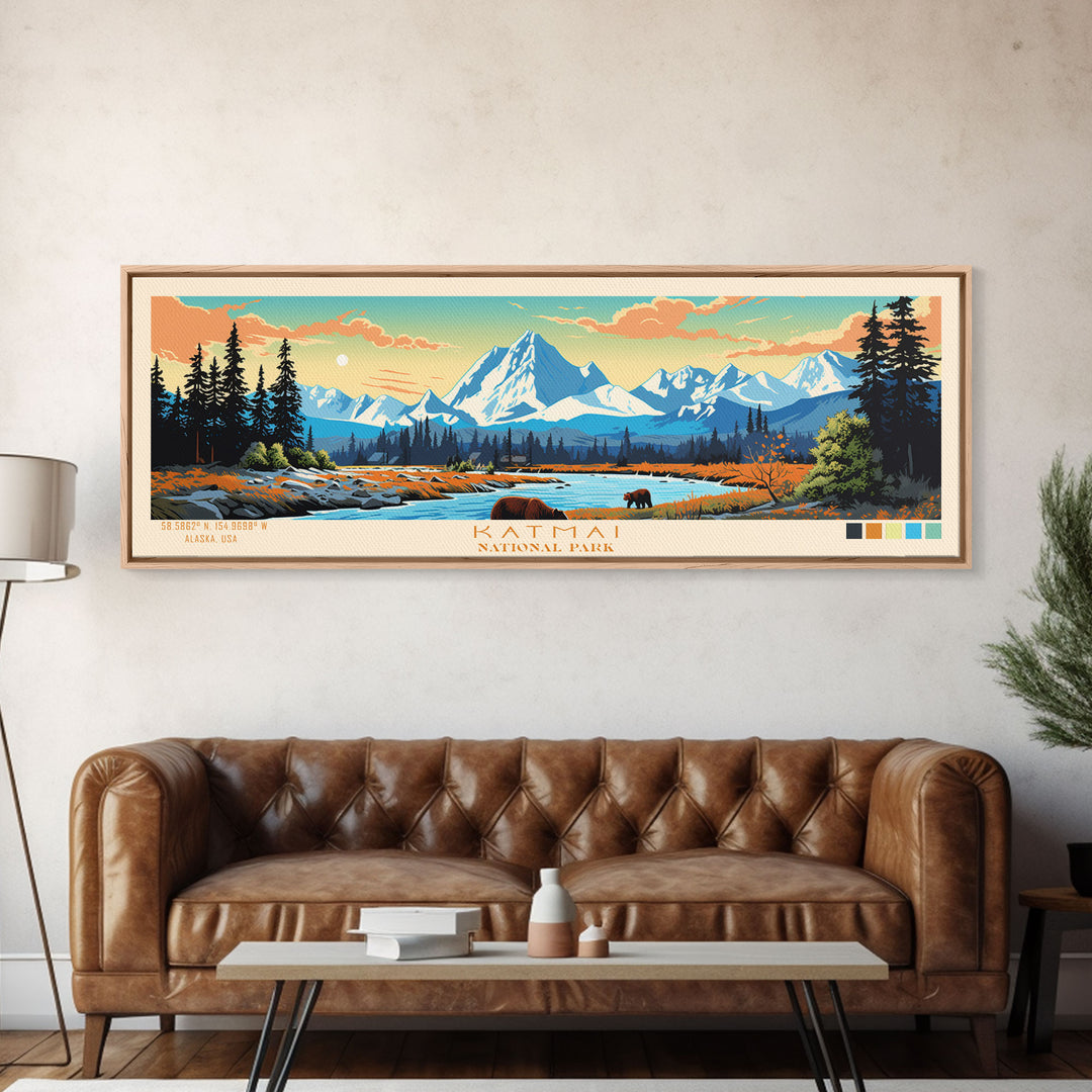 Katmai National Park, Panoramic Alaska Travel Art, National Park Print, Minimalist Travel Art, Midcentury Modern Style Landscape