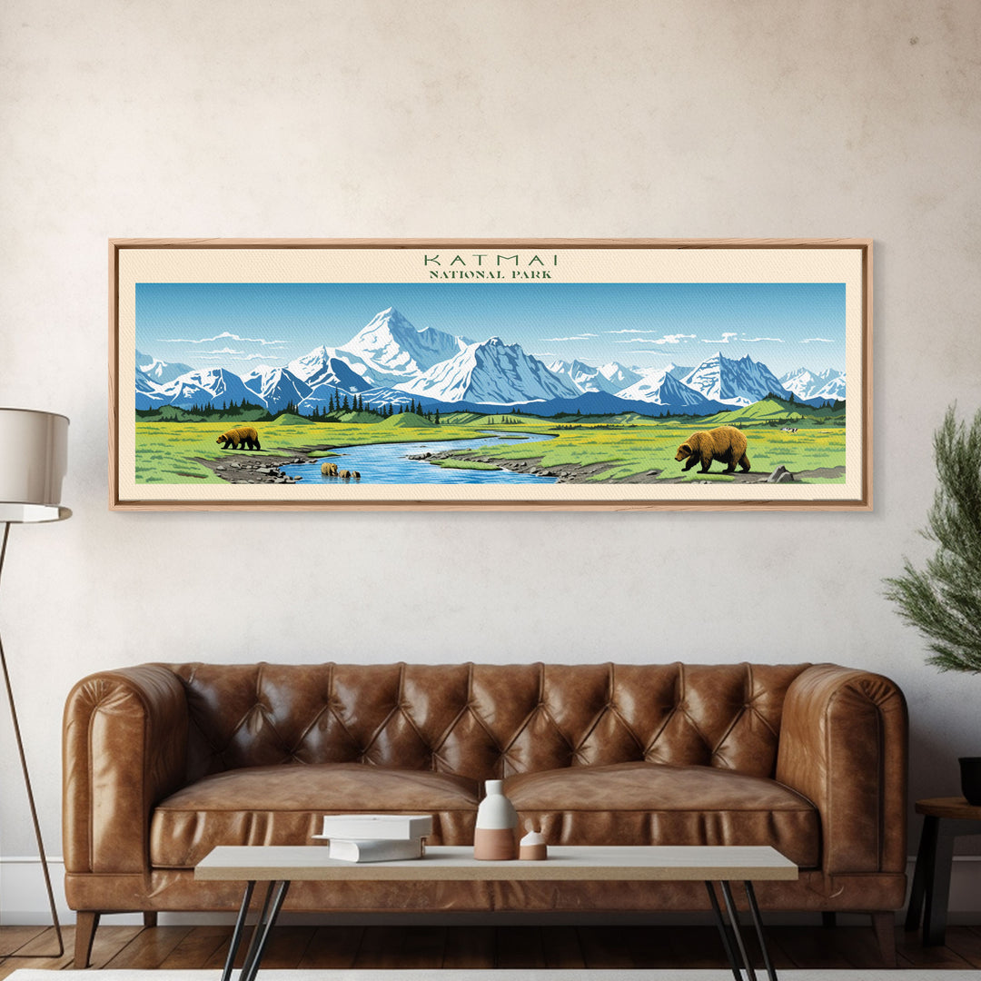 Katmai National Park, Panoramic Alaska Travel Art, National Park Print, Minimalist Travel Art, Midcentury Modern Style Landscape