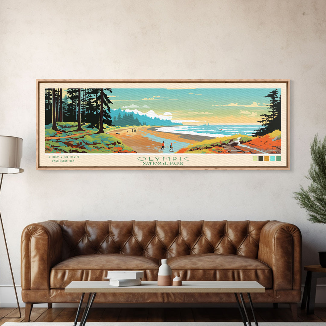 Olympic National Park Panoramic Washington Travel Art, National Park Print, Minimalist Travel Art, Midcentury Modern Style Landscape